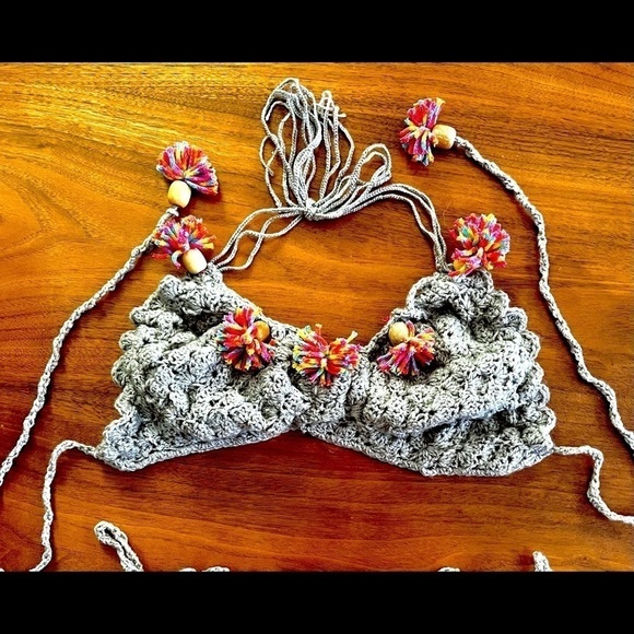 GRAY BIKINI AND SWIM COVER SET WITH MULTI COLORED TASSELS - Picture 9 of 17